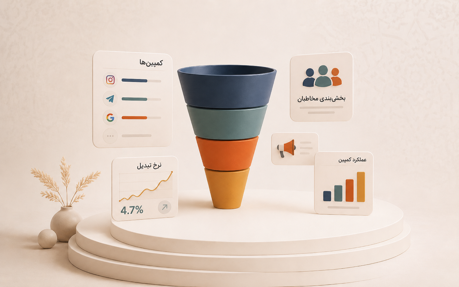 تصویر سه بعدی دیجیتال مارکتینگ با قیف فروش، کمپین ها و نرخ تبدیل