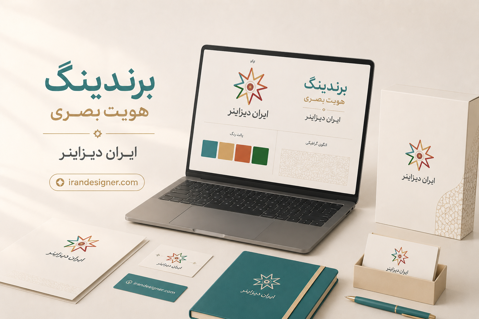تصویر دوم برندینگ و سیستم بصری تصویر دوم برندینگ ایران دیزاینر با لپ تاپ و اقلام هویت بصری