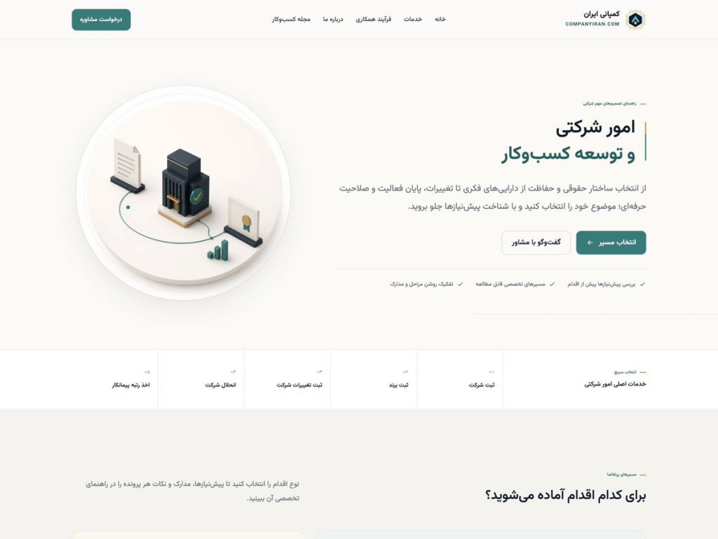 نمای صفحه اصلی کمپانی ایران با معرفی امور شرکتی و مسیرهای خدمات کسب‌وکار