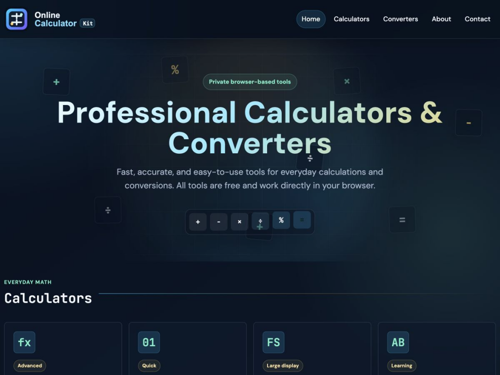 نمای صفحه اصلی Online Calculator Kit با تیتر Professional Calculators & Converters، نشانه‌های ریاضی و پیام Private browser-based tools روی پس‌زمینه تیره.