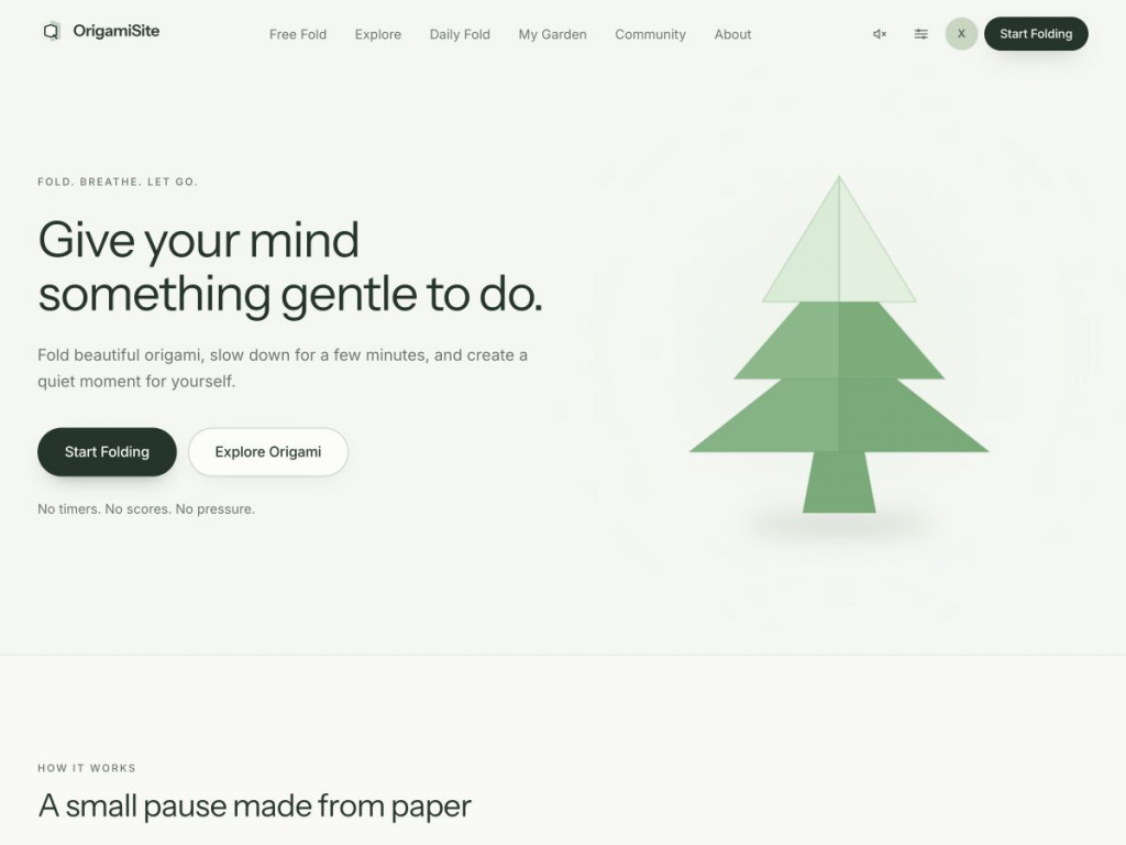 نمای صفحه اصلی OrigamiSite با تیتر Give your mind something gentle to do، دکمه‌های شروع تا کردن و گشتن در اوریگامی، فضای سفید و تصویرسازی مینیمال کاغذی.
