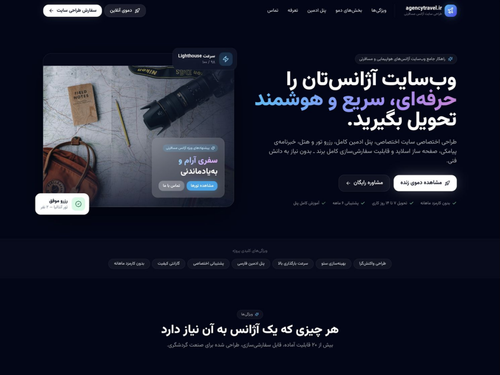 نمای صفحه اصلی پکیج سایت آماده آژانس مسافرتی با پس‌زمینه تیره، تصویر نقشه سفر، دکمه مشاهده دموی زنده و مسیر مشاوره رایگان.