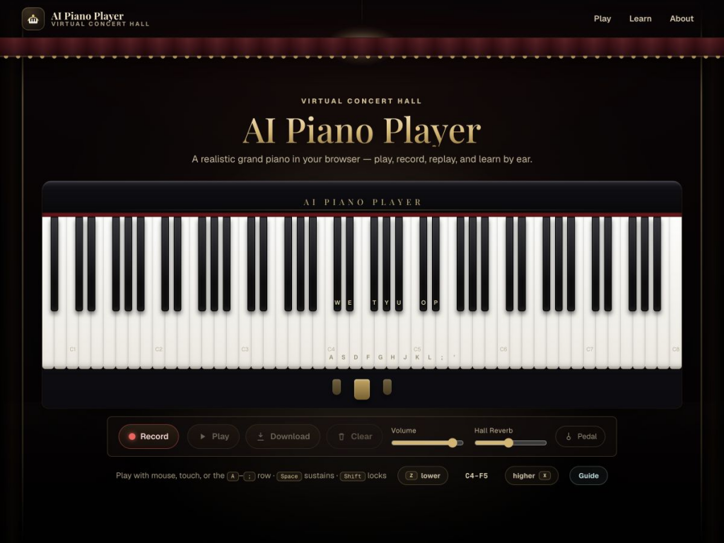نمای رابط AI Piano Player با پیانوی ۸۸ کلیدی، کنترل‌های ضبط و فضای تیره الهام‌گرفته از سالن کنسرت.