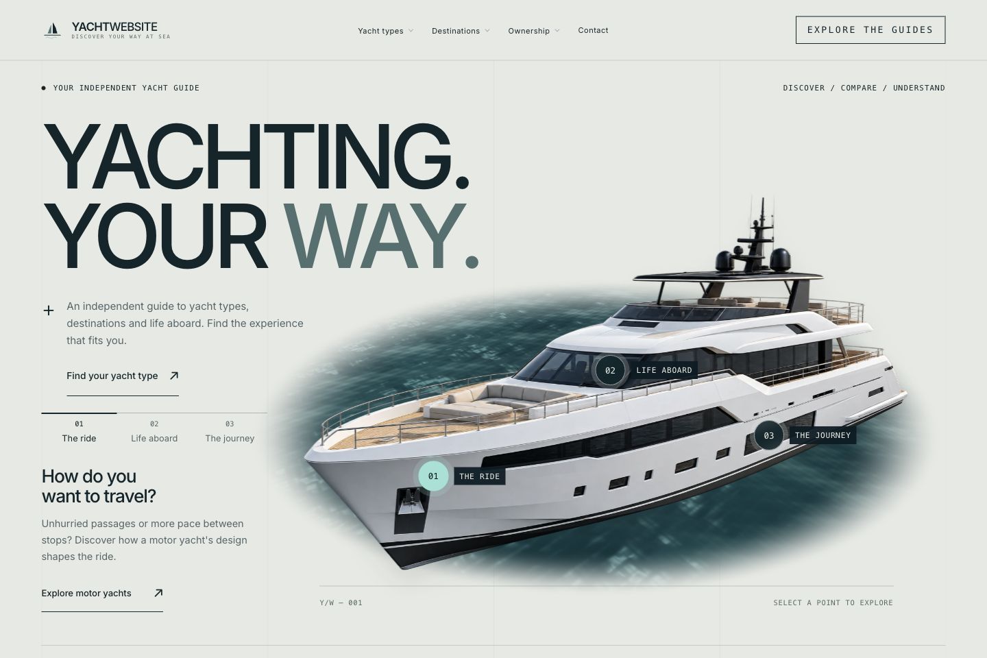 نمای تازه صفحه اصلی YachtWebsite با طراحی روشن، عنوان YACHTING. YOUR WAY. و قایق تفریحی سفید
